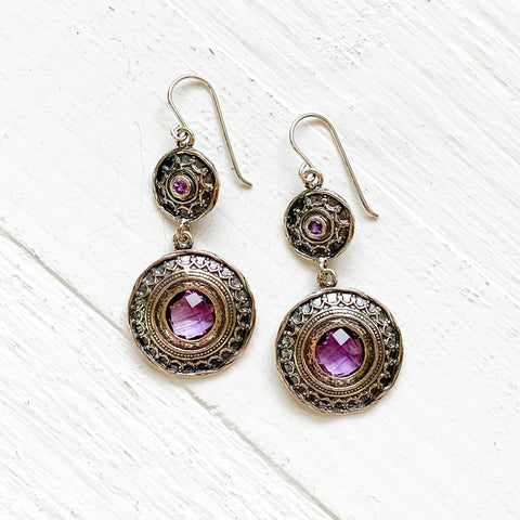 Sterling Silver Purple Round Dangle Earrings