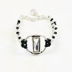 Fashion Silver Tone Beaded Leather Bracelet w/ Stone Pendant