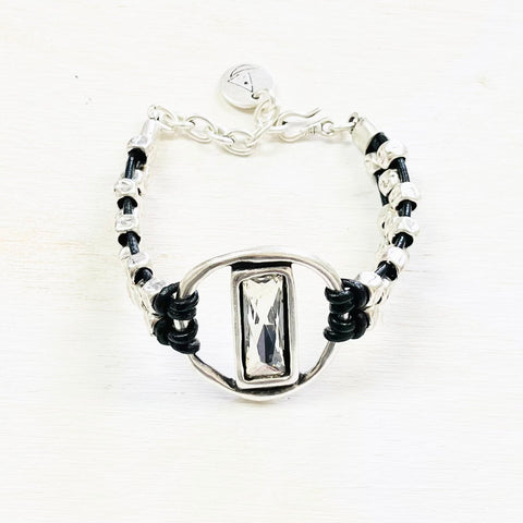 Fashion Silver Tone Beaded Leather Bracelet w/ Stone Pendant