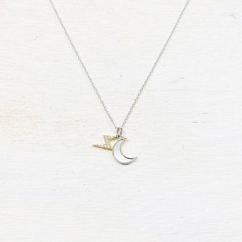 SS White Moon and GP Bolt Necklace 16-18”