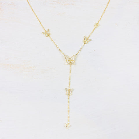 Sterling Silver Butterfly Y-Chain Necklace- CZ w/ Gold Plate
