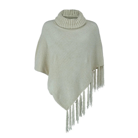 Beyond Soft Cream Cowl Neck Poncho with Fringe