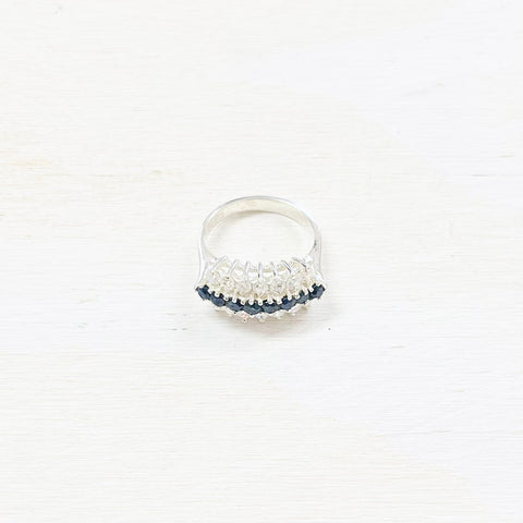 Sterling Silver Estate Clear and Black Stones Ring