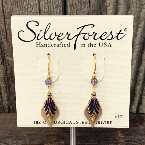 Gold Tone and Purple Layered Leaf Earrings