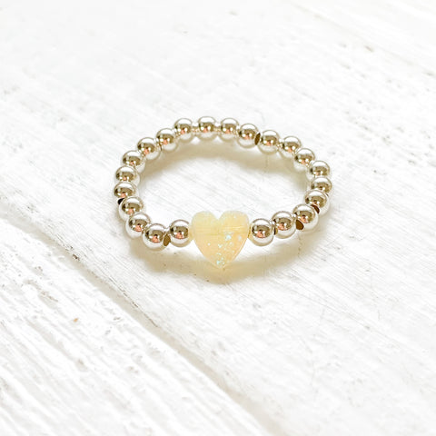 STERLING SILVER BEADED SMALL HEART RING - WHITE