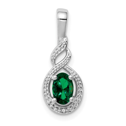 Sterling Silver May Created Emerald & Diamond Necklace