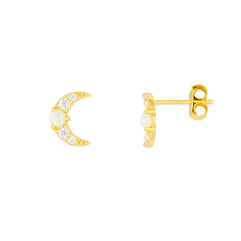 Opal Moon Stud Earrings-Goldtone