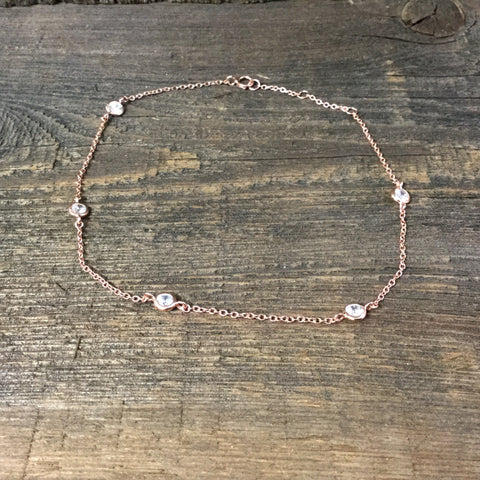 Sterling Silver Rose Gold Plated 10" CZ Anklet