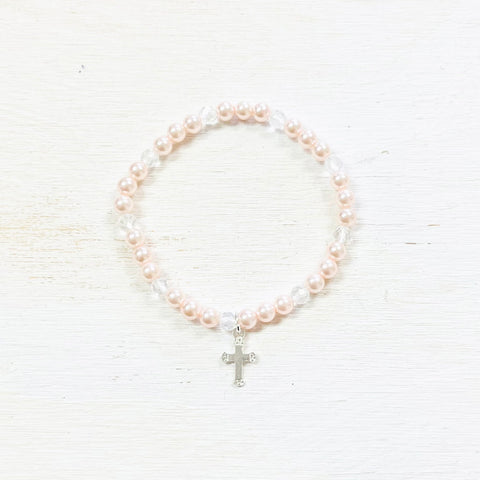 Sterling Silver Children’s Pink Pearl Stretch Bracelet w/ Cross Charm