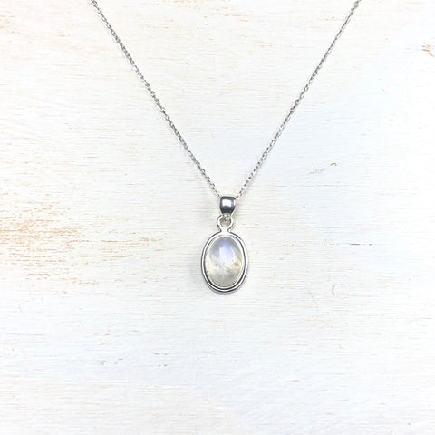 Sterling Silver Rainbow Moonstone Oval Necklace