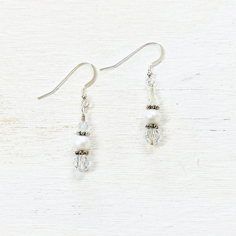 Sterling Silver Freshwater Pearl & Aurora Borealis Crystal Earrings