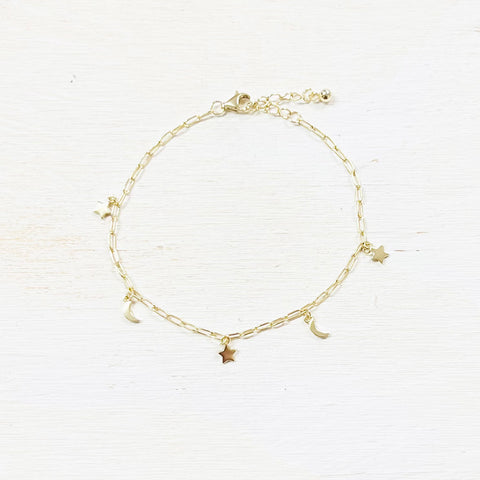 Sterling Silver Gold Plated Moon and Star Bracelet
