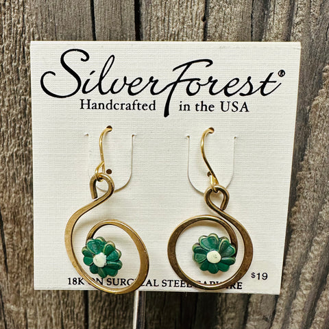 Silver Forest Green Flower Gold Swirl Earrings