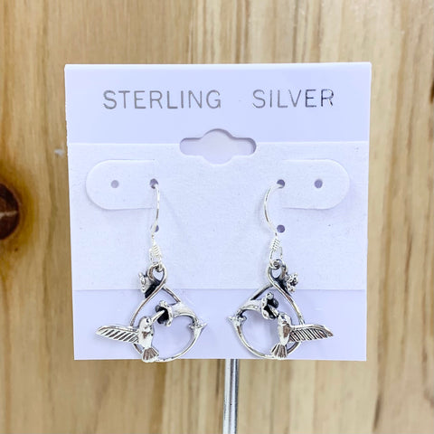 Sterling Silver Humming Bird and Flower Dangle Earrings