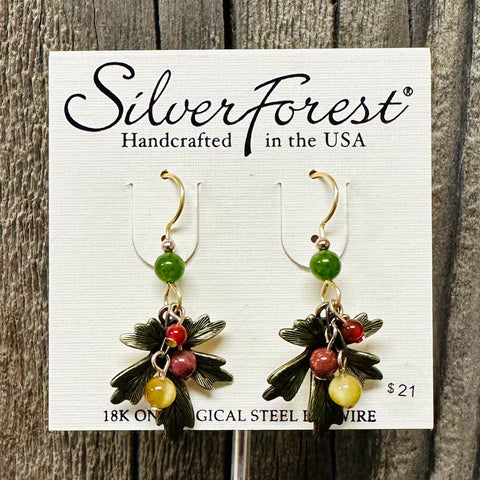 Silver Forest Leaf w/ Multicolor Beads Earrings