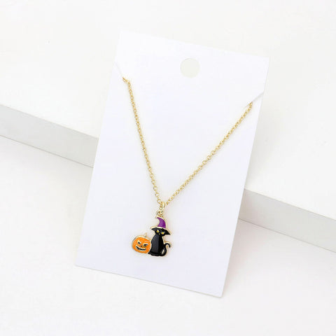 Fashion Halloween Cat and Pumpkin Gold Tone Necklace