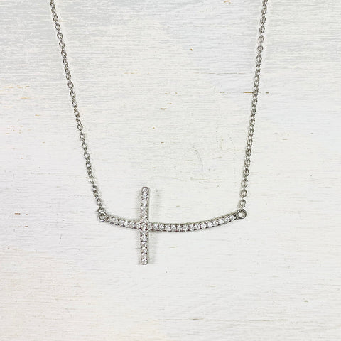 Sterling Silver CZ Sideways Cross Necklace
