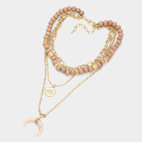 Fashion Layered Evil Eye and Horn Wood Necklace