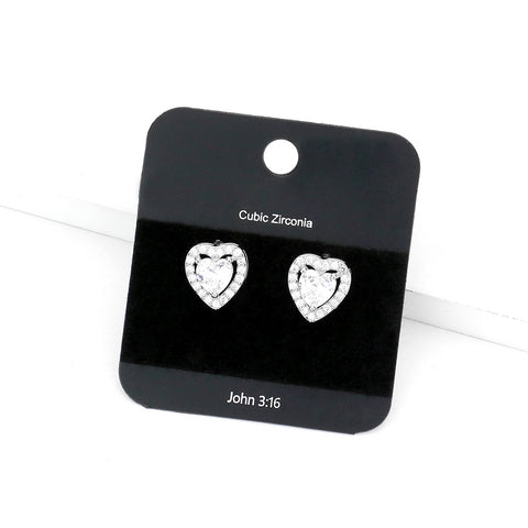 Fashion Silver Tone CZ Heart Studs