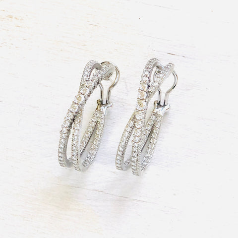 Sterling Silver Hoop Criss-Cross Earrings with CZ Stones