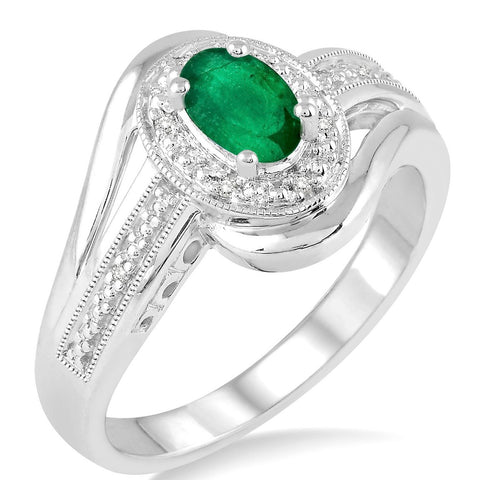 Sterling Silver Genuine Emerald and Diamond Ring