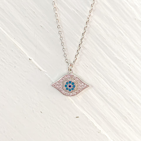 Silver Tone Evil Eye Crystal Pendant Necklace