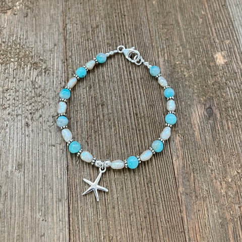 Sterling Silver Turquoise and Pearl Beach Bracelet with Starfish Charm