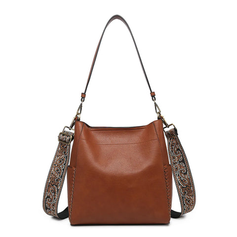 Brown Penny Bucket Bag with Embroidered Guitar Strap