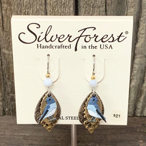 Silver and Gold Tone Blue Jay Earrings