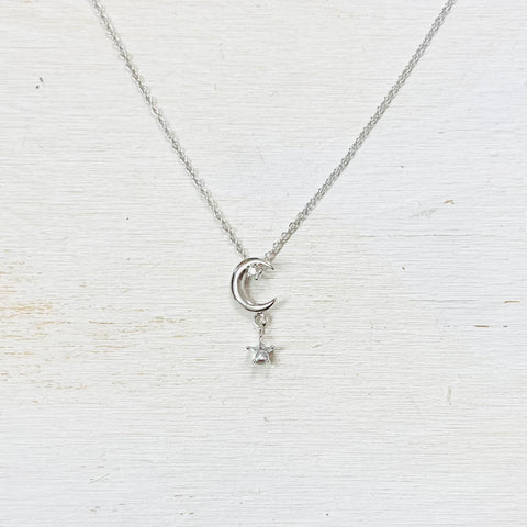 SS Moon & Star Drop Necklace 16-18”