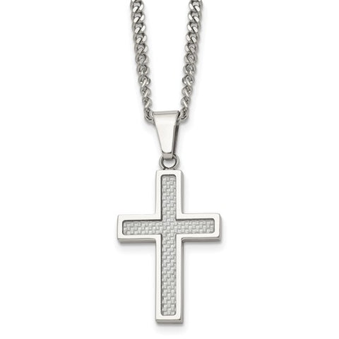 Stainless Steel Grey Carbon Fiber Inlay Cross Pendant Necklace