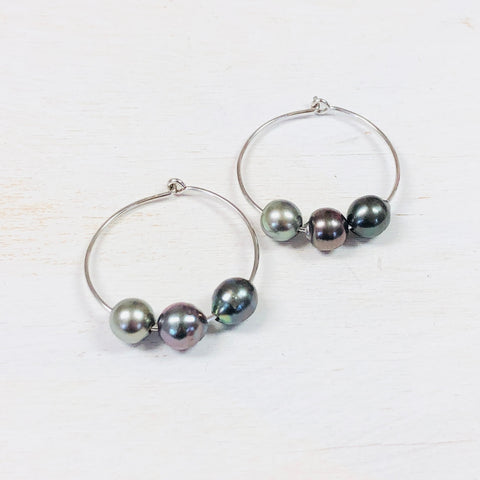 Sterling Silver Estate Wire Hoop Beaded Earrings Earrings