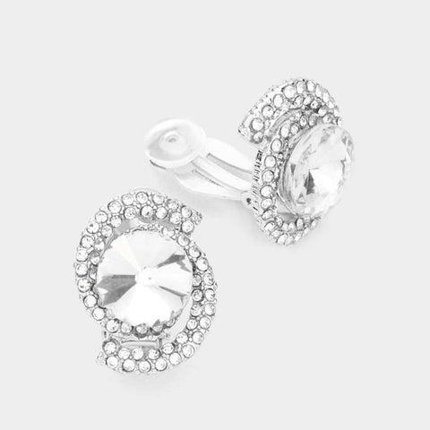 Round Accented Rhinestone Pave Clip on Earrings