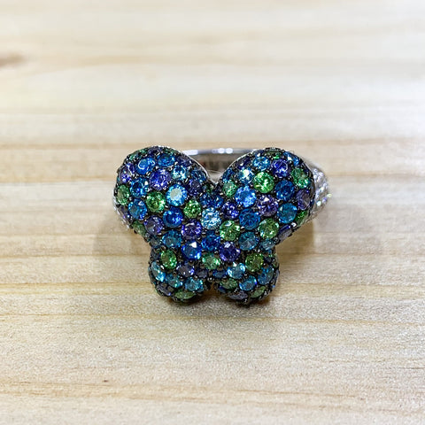 Estate Sterling Silver Multicolor Pave Butterfly Ring