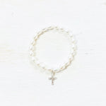 Sterling Silver Children’s Freshwater Pearl Stretch Bracelet w/ Cross Charm