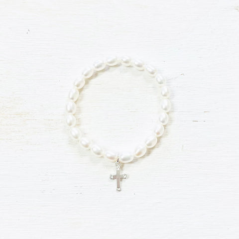 Sterling Silver Children’s Freshwater Pearl Stretch Bracelet w/ Cross Charm