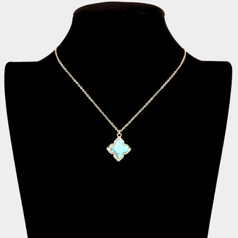 Fashion Gold Tone Quatrefoil Turquoise Pendant Necklace