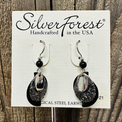Silver Forest Black Floral Dangle Earrings
