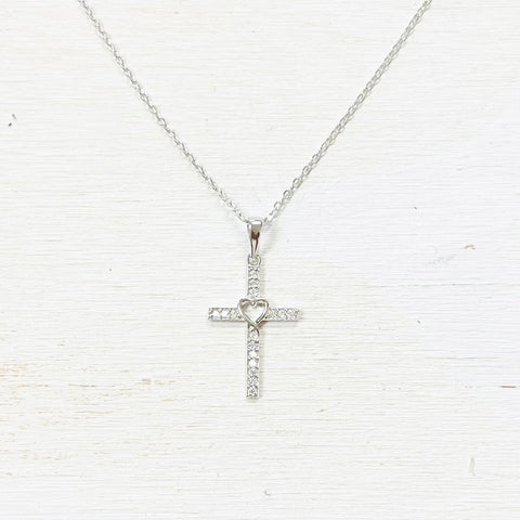 Sterling Silver CZ Cross w/ Heart Necklace