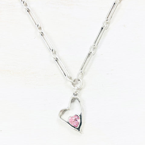 Fashion Long Link Necklace w/ Pink Heart Pendant