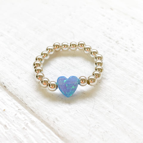 STERLING SILVER BEADED SMALL HEART RING - BLUE