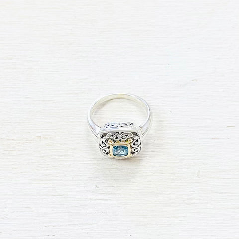 Sterling Silver + 18K Estate Blue Stone Ring