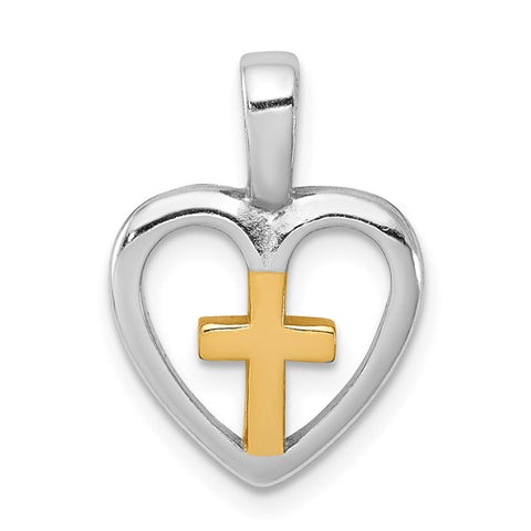 Sterling Silver Two Tone Vermeil Cross Heart Pendant Necklace