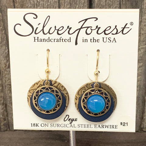 Blue Onyx on Layered Gold Circle Earrings