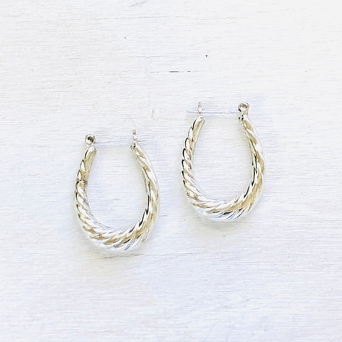 Sterling Silver Oblong Hoop Earrings w/ Swirl Accent