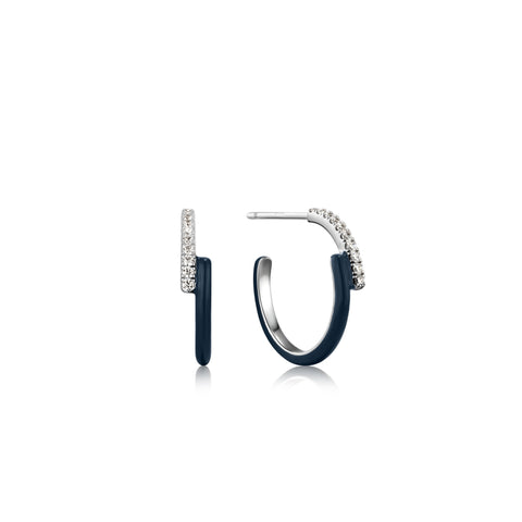 Navy Blue Enamel Silver Overlap Hoop Earrings