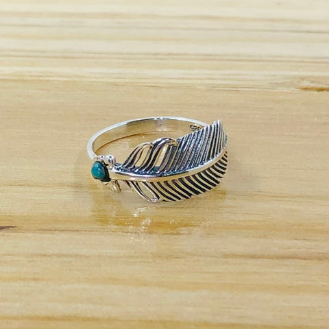 Sterling Silver Feather Ring with Turquoise Stone