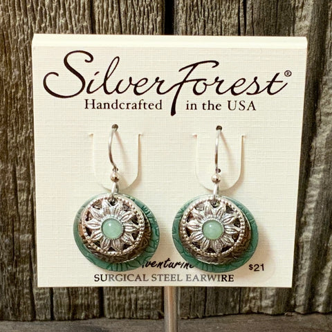 Silver Forest Green Aventurine Dangle Earrings