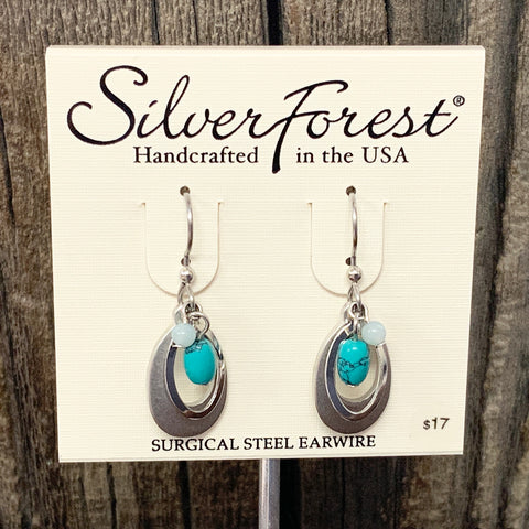 Silver and Teal Layered Oval Earrings