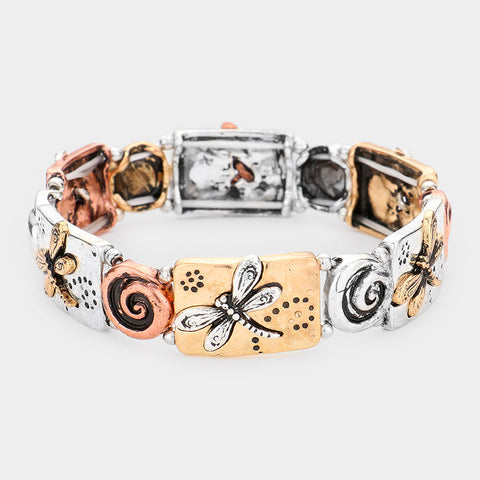 Fashion Tri Tone Dragonfly Stretch Bracelet